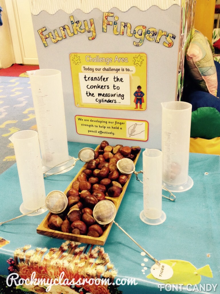Conker sorting with tea strainers 